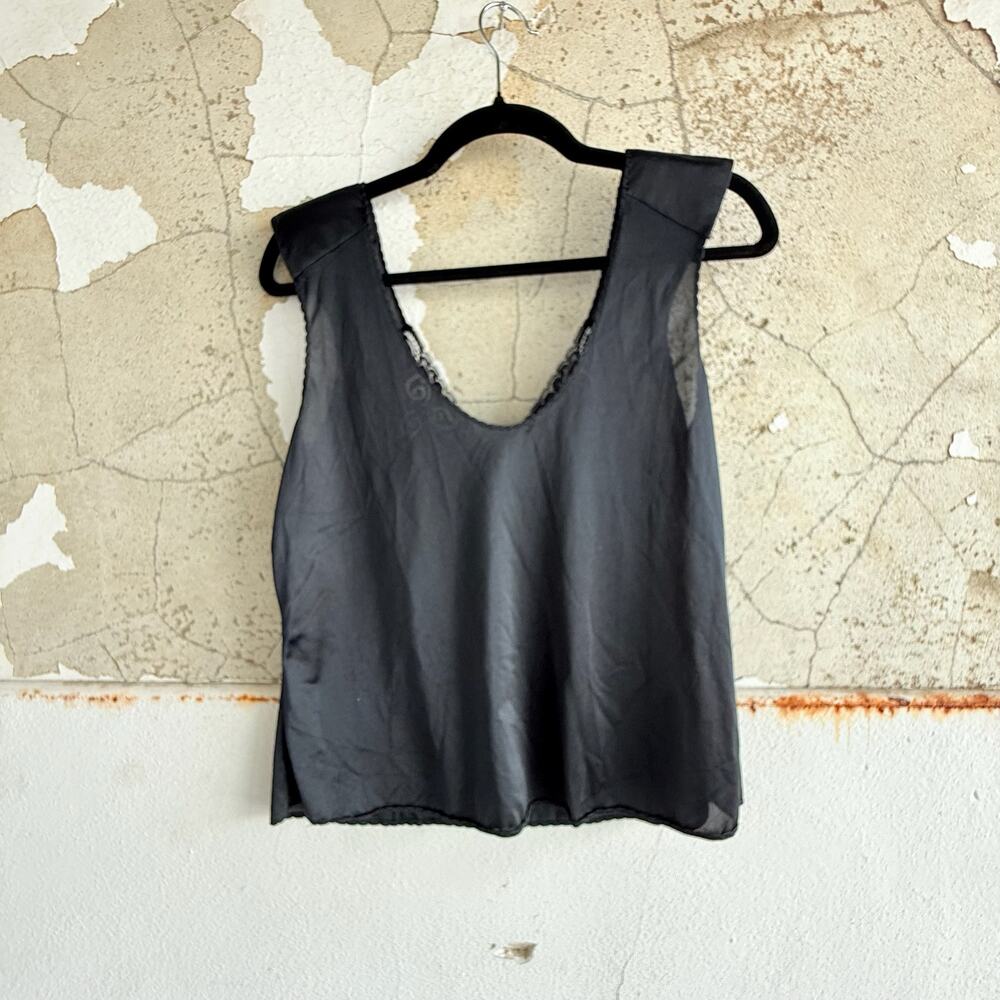 Black Satin Camisole Top With Lace Neckline Wide‎ Straps Sheer Vintage Style M - Picture 4 of 4